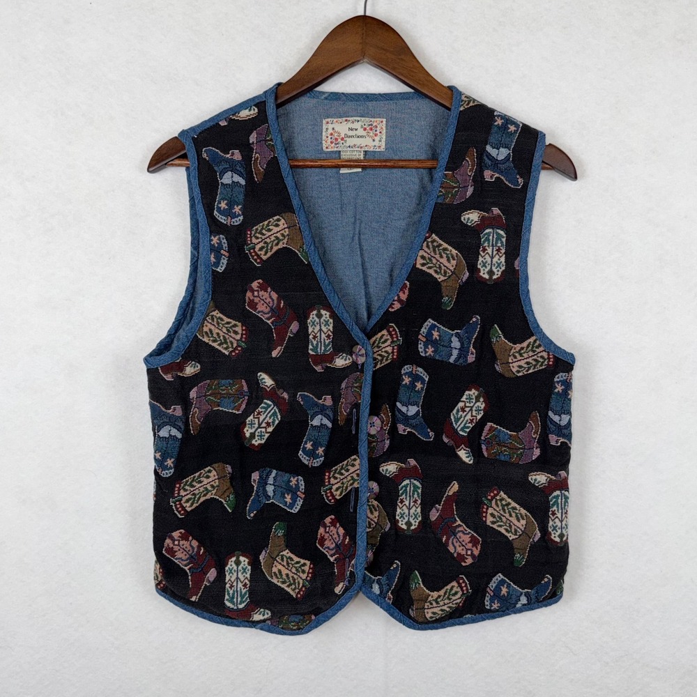 Vintage New Directions Cowboy Boot Tapestry Vest Womens Large Blue Denim Boho